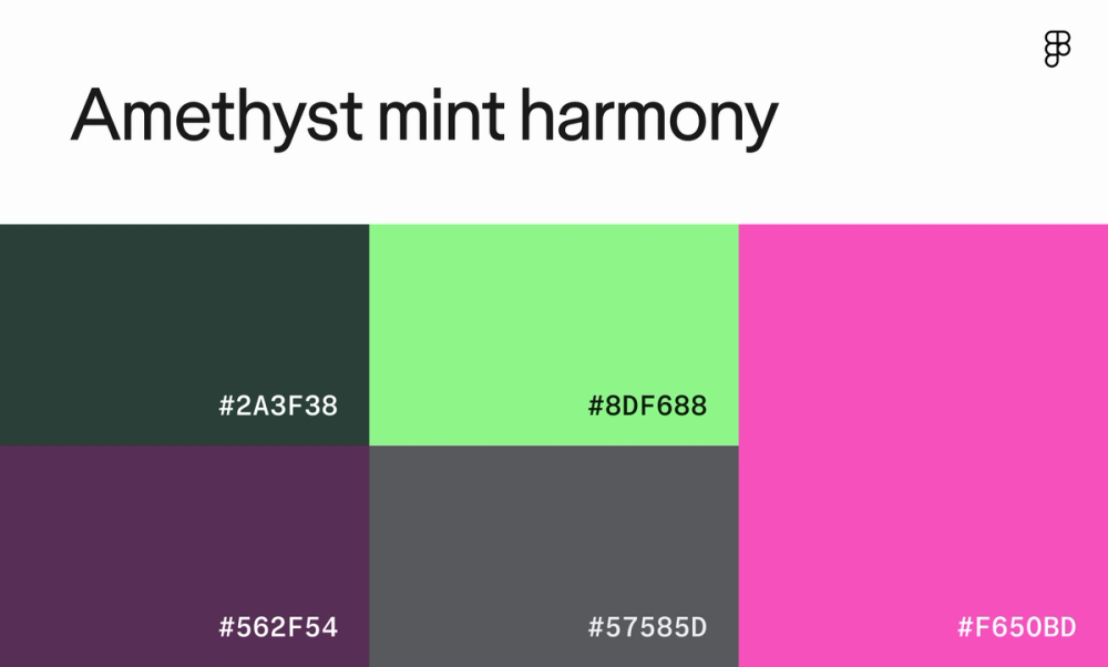 Color scheme featuring deep purples and greens with bright green and fuschia.