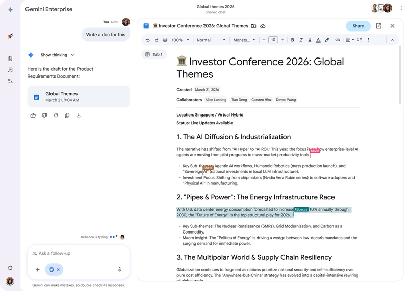 Teammates work on a doc that the assistant wrote about the global themes