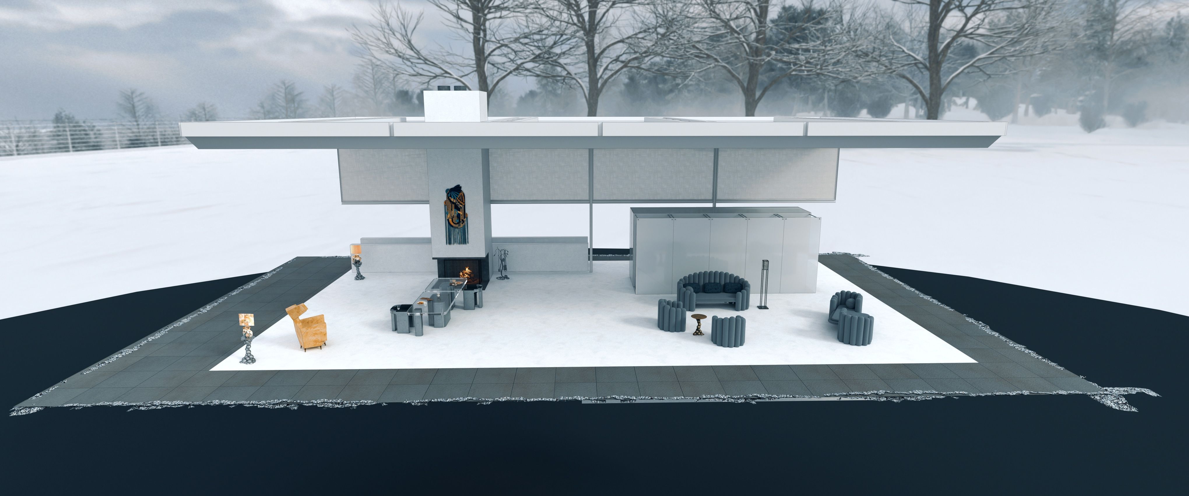 The sleek, futuristic interior of the Eagan mansion from Severance, furnished in a stark modernist style.