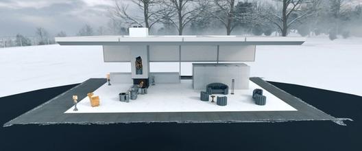 The sleek, futuristic interior of the Eagan mansion from Severance, furnished in a stark modernist style.