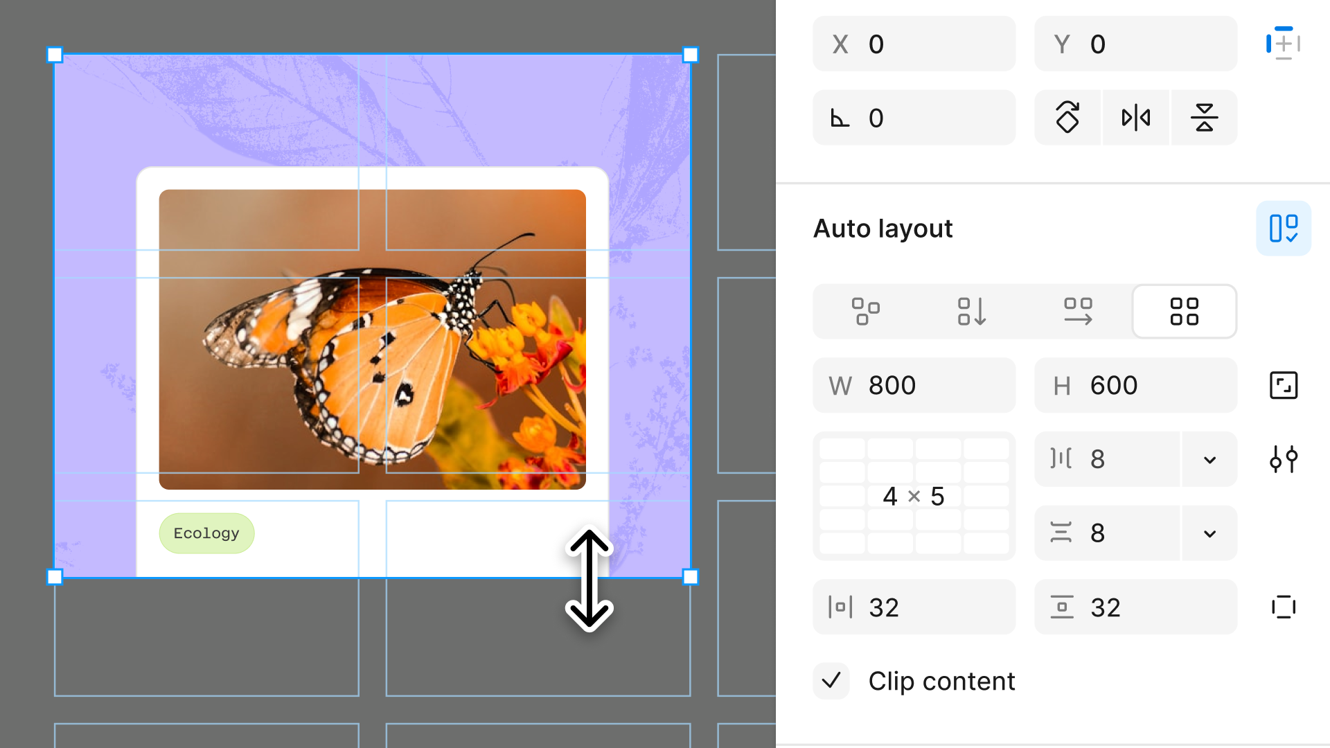 A UI panel labeled “Grid” displays settings for columns, gutter, margin, and a visibility toggle.
