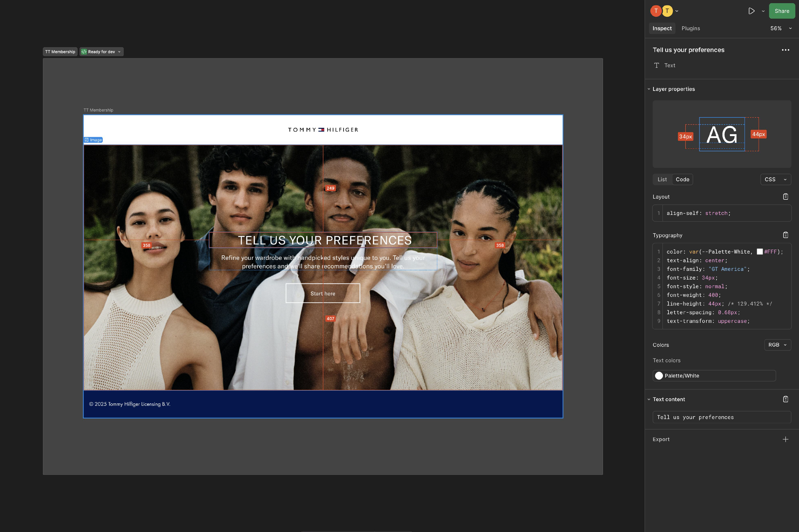 screen of preference selection in figma with dev mode enabled