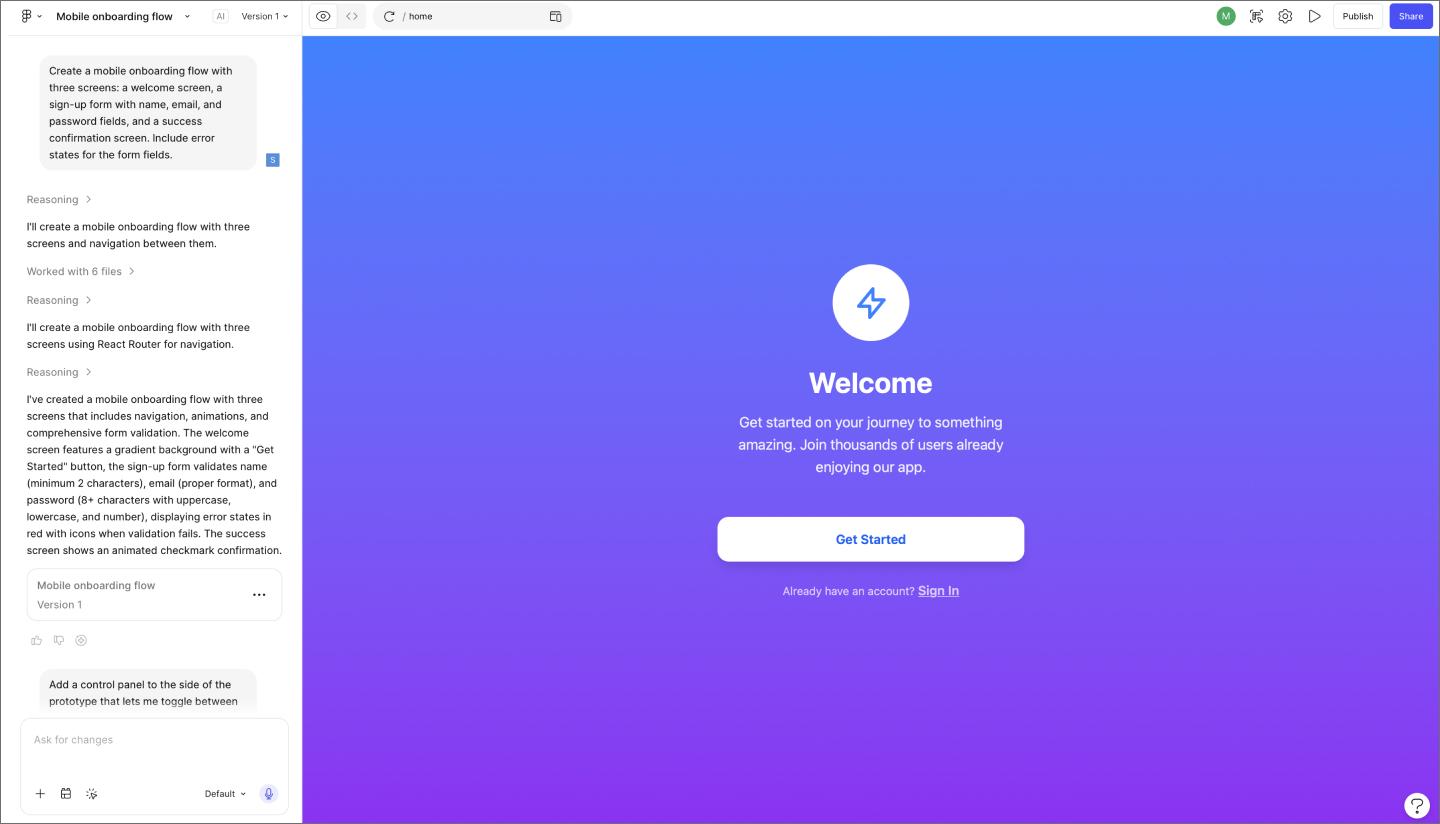 A Figma Make workspace showing a functional prototype being generated from a prompt, with interaction states visible in the canvas.