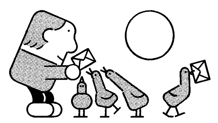 An illustration of a person handing an envelope to three birds, and one bird walking off with an envelope in its beak