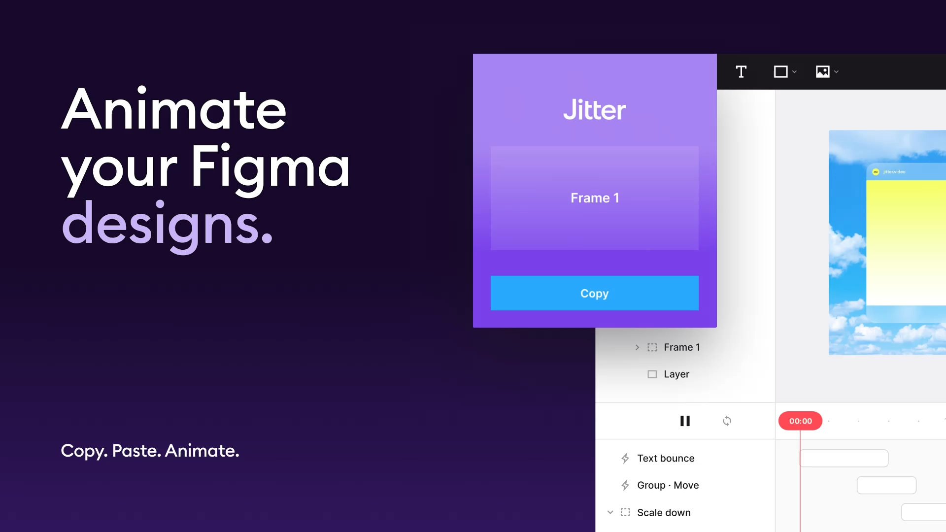 Two screenshots show a purple Jitter screen on top of a Figma canvas.