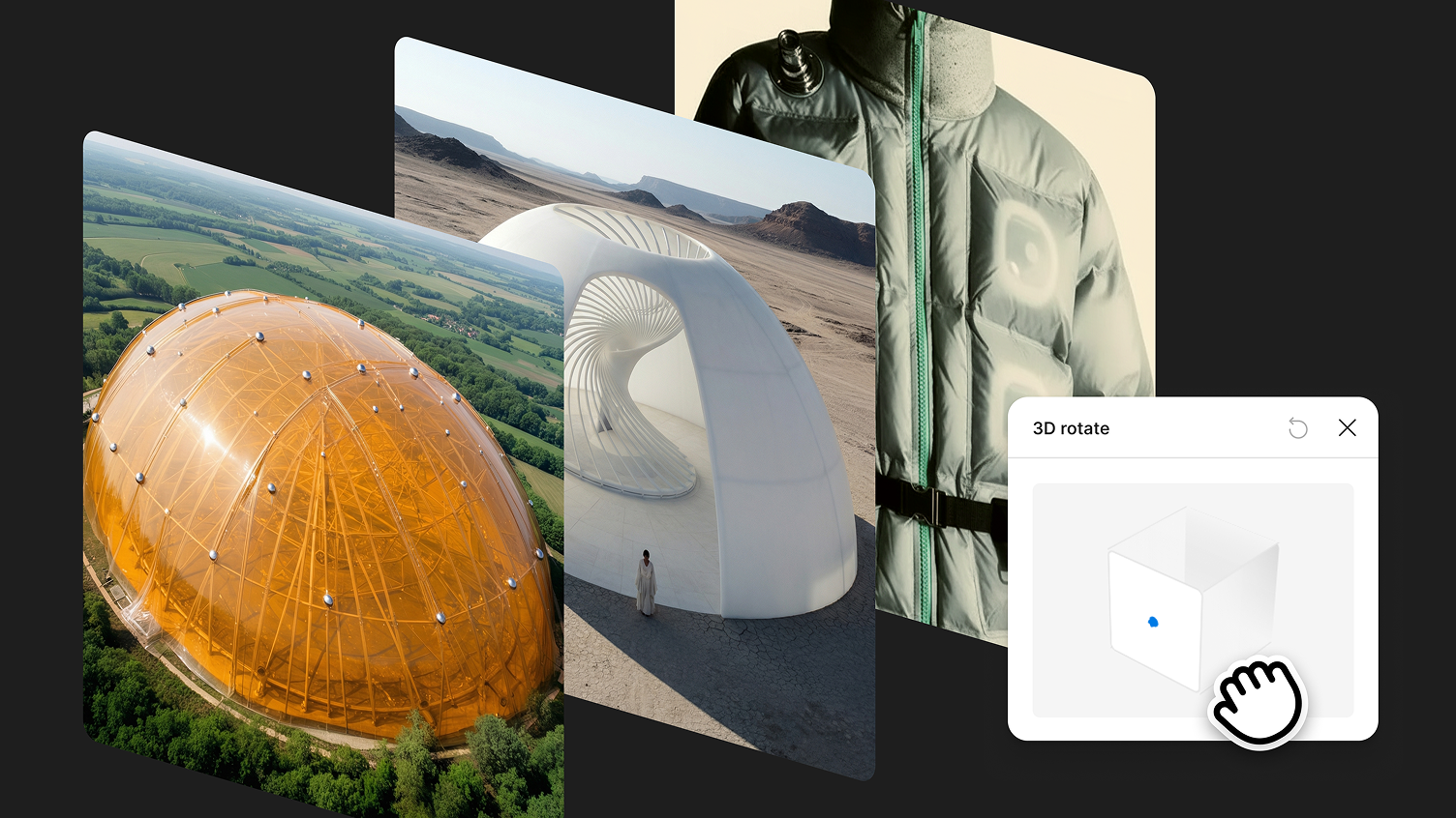 Three flat images of an orange domed structure, a white domed structure, and a puffy jacket are being turned into a stack of 3D objects.