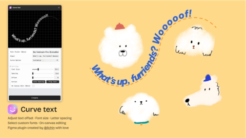 A playful design featuring text curved along a dashed orange path reading, "What's up, furrriends? Woooof!" against a light yellow background. Illustrated fluffy dogs are scattered around the canvas, some wearing colorful hats. The tool interface includes settings for font size, spacing, and offset.