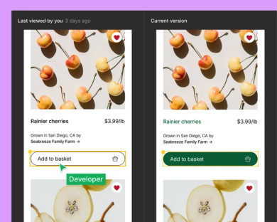 A developer comparing the current and previous versions of an “Add to Basket” button component on an e-commerce product landing page.