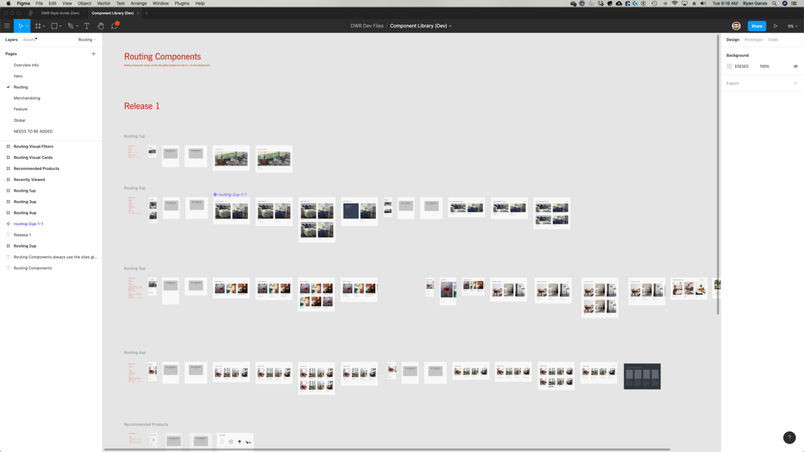 A screenshot of a Figma workspace showing a project titled "Routing Components" under "Release 1." The canvas displays rows of thumbnail images arranged in a grid, representing different design components or screens. On the left, a sidebar lists various design pages and components such as "Overview Info," "Routing," and "Recently Viewed." The top bar contains Figma's main menu and tools, while the right panel shows design properties and export options. The layout suggests the project is organizing various visual assets for a design system or component library.