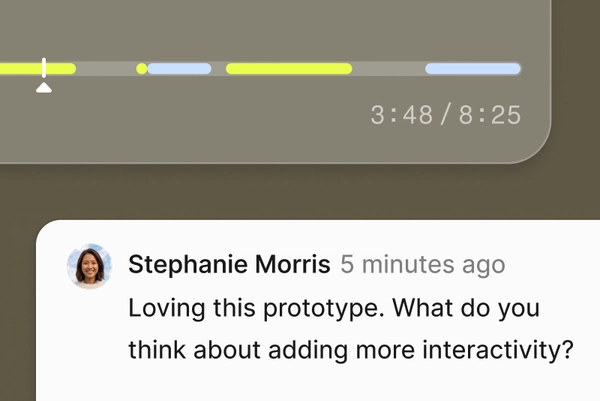 A comment on a Figma Make file with the text "Loving this prototype. What do you think about adding more interactivity?"
