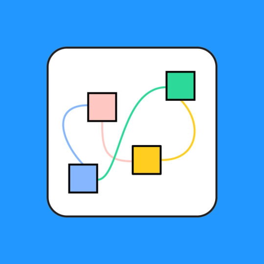 colorful square shapes connected by colorful lines over a white document