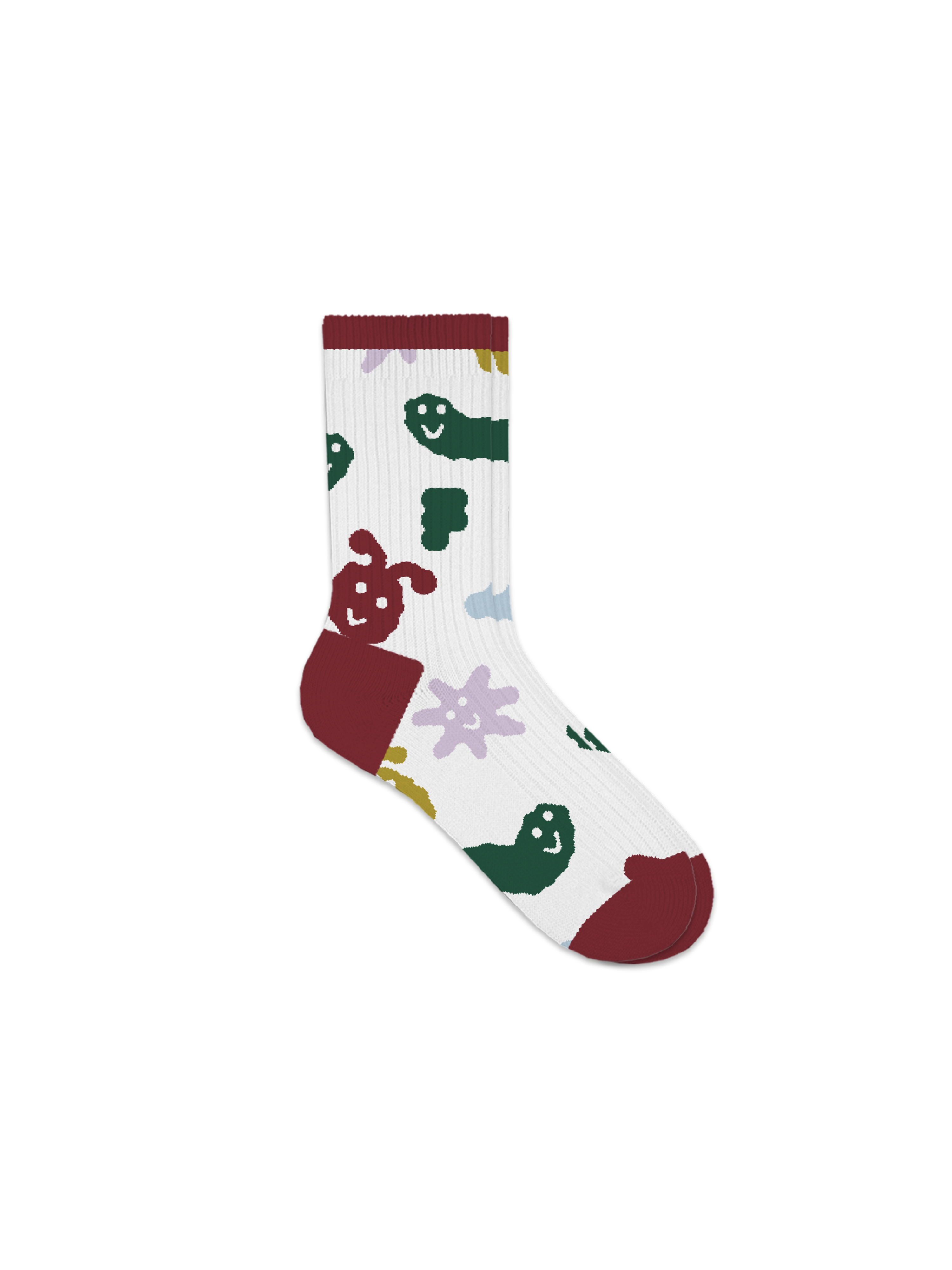 Colorful abstract creatures with smiling faces scattered across a white sock with maroon heel and toe
