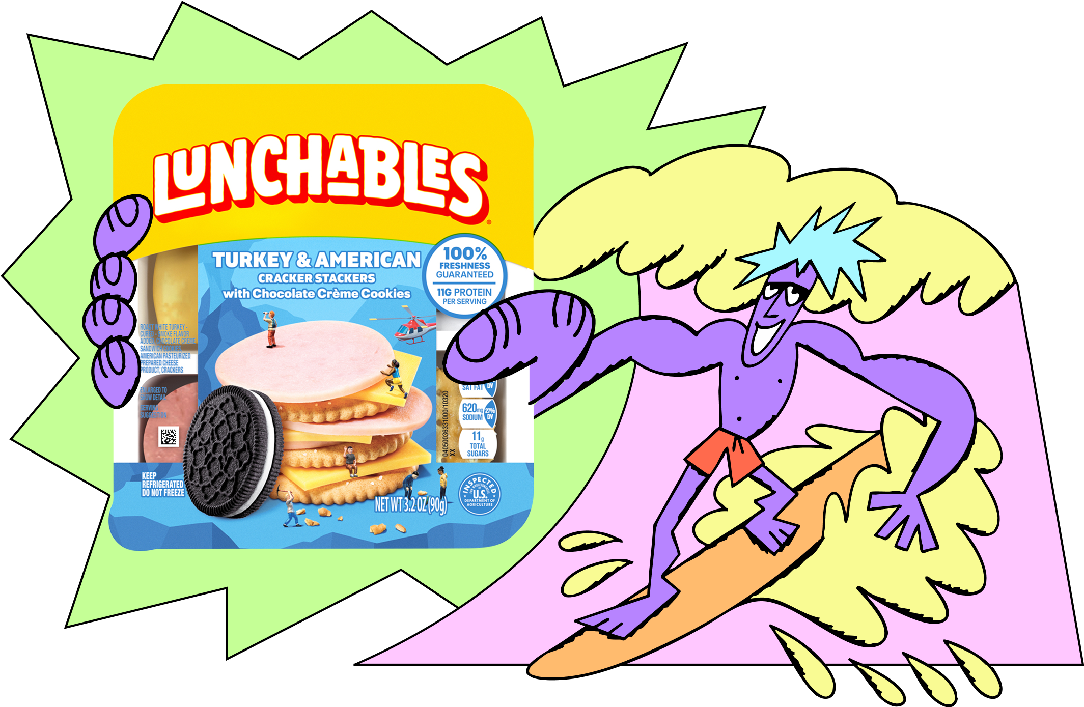 Colorful cartoon surfer rides wave beside Lunchables Turkey & American Cracker Stackers package with bold graphics.