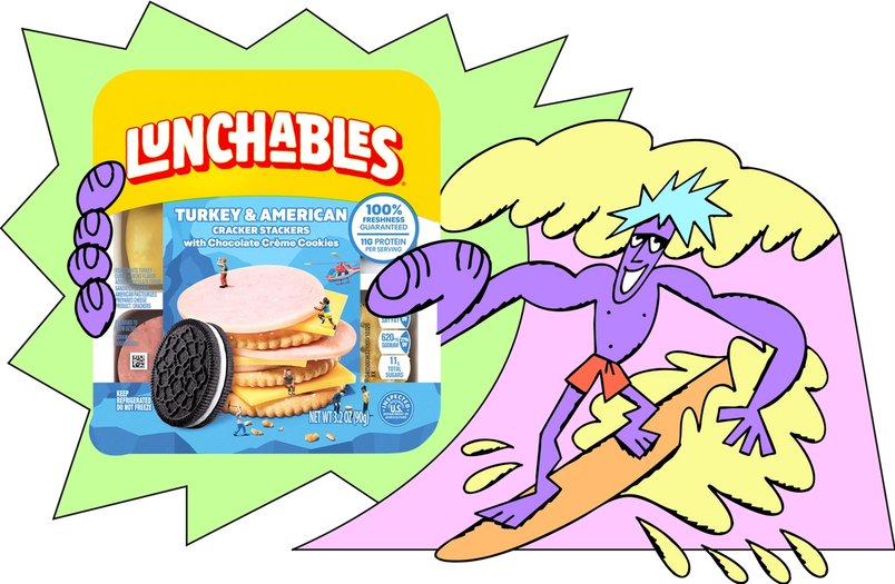 Colorful cartoon surfer rides wave beside Lunchables Turkey & American Cracker Stackers package with bold graphics.