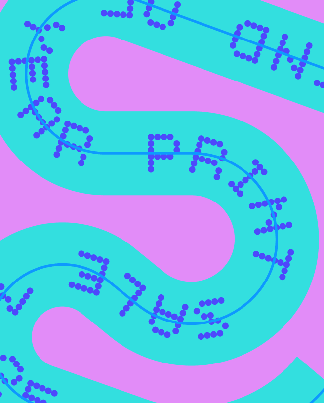 Texte sur un tracé représenté en violet et bleu turquoise sur fond rose