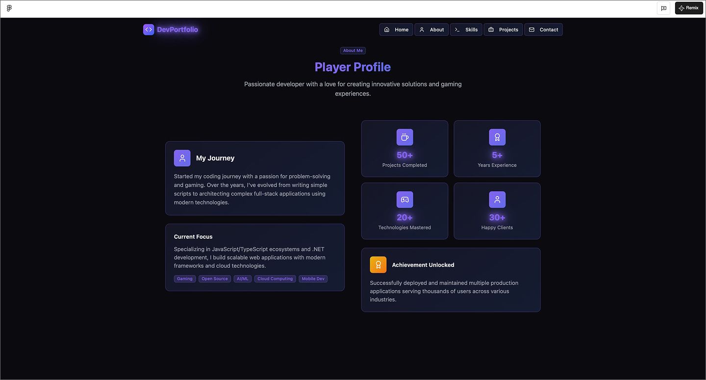 Screenshot of the gaming-themed developer portfolio created using Figma Make.
