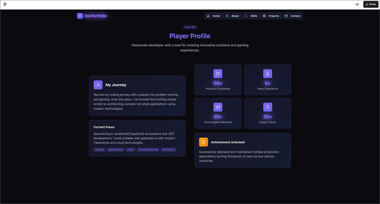 Screenshot of the gaming-themed developer portfolio created using Figma Make.
