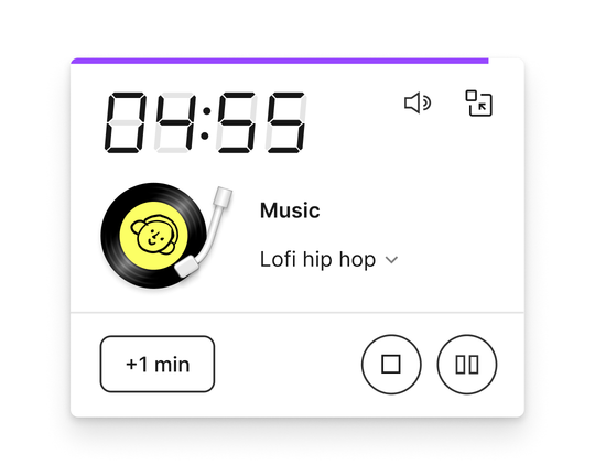 Widget minuteur réglé sur 4 minutes et 55 secondes avec une musique « lo-fi hip hop »