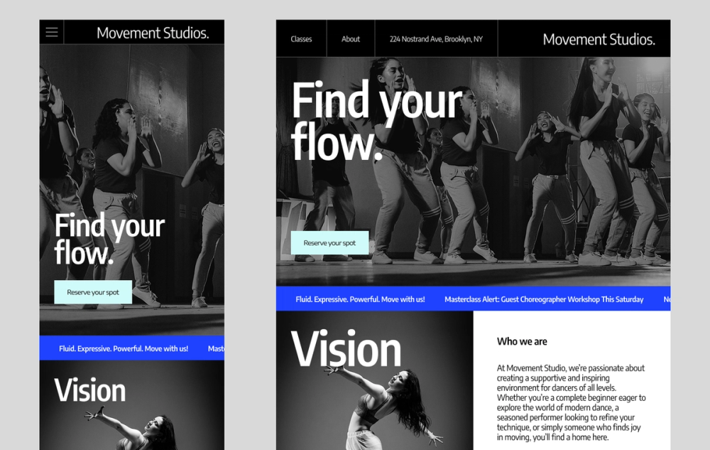 A screenshot of a dance studio mobile website template