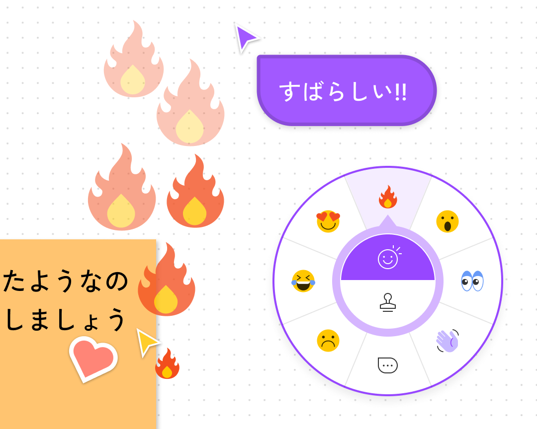 1つのカーソルがリアクションホイールを使用して「火」の絵文字を表示しており、もう1つのカーソルは「This looks great!(これはとてもいいですね!)」とチャットしている。