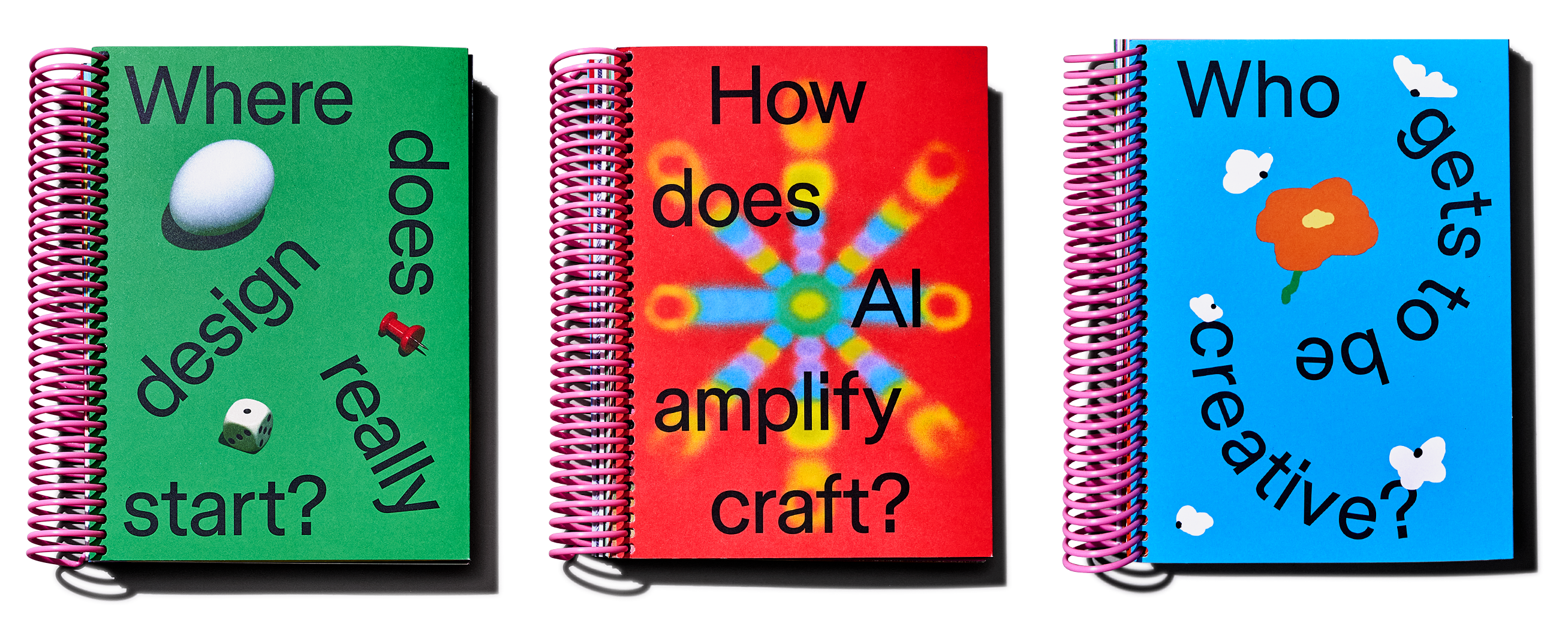 Three colorful spiral-bound book covers featuring bold editorial questions about design, AI, and creativity with playful illustrated graphics.