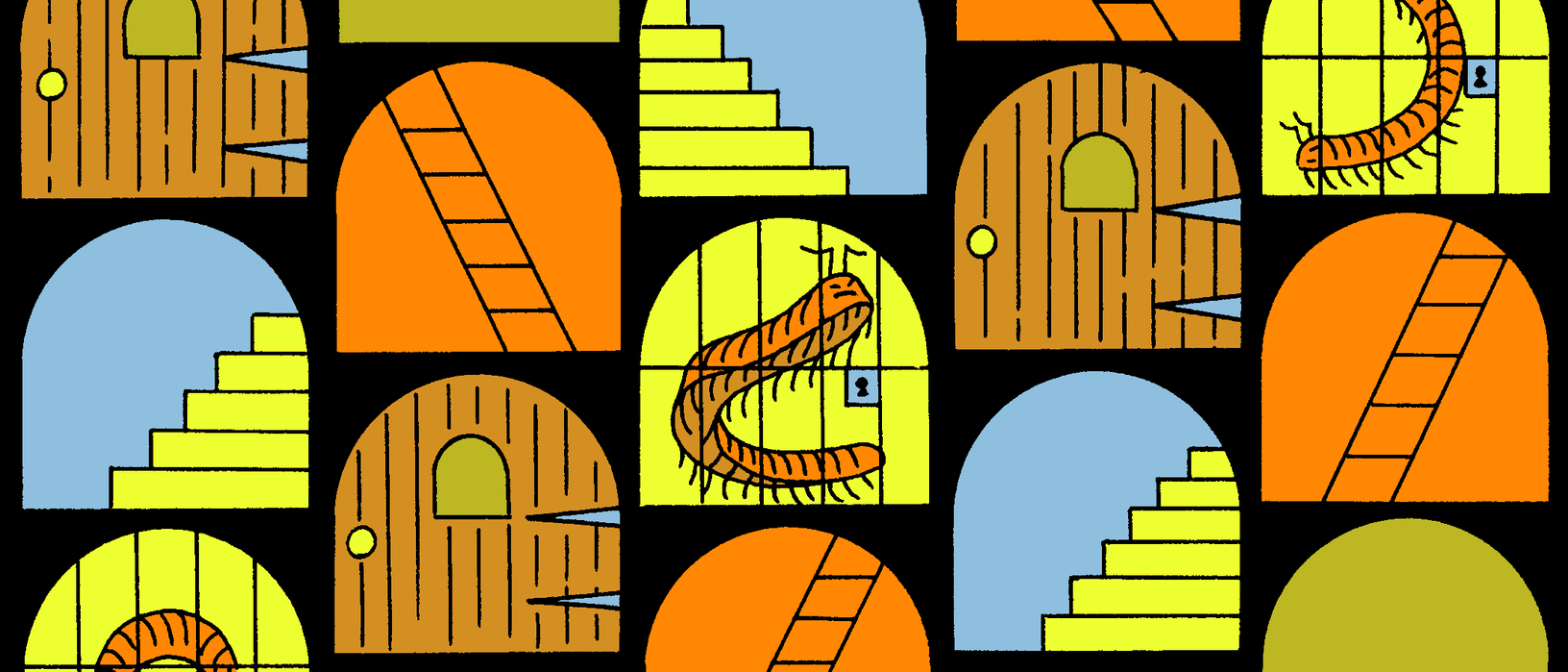 Many arched windows show different scenes, including ladders, stairs, and a millipede behind bars.