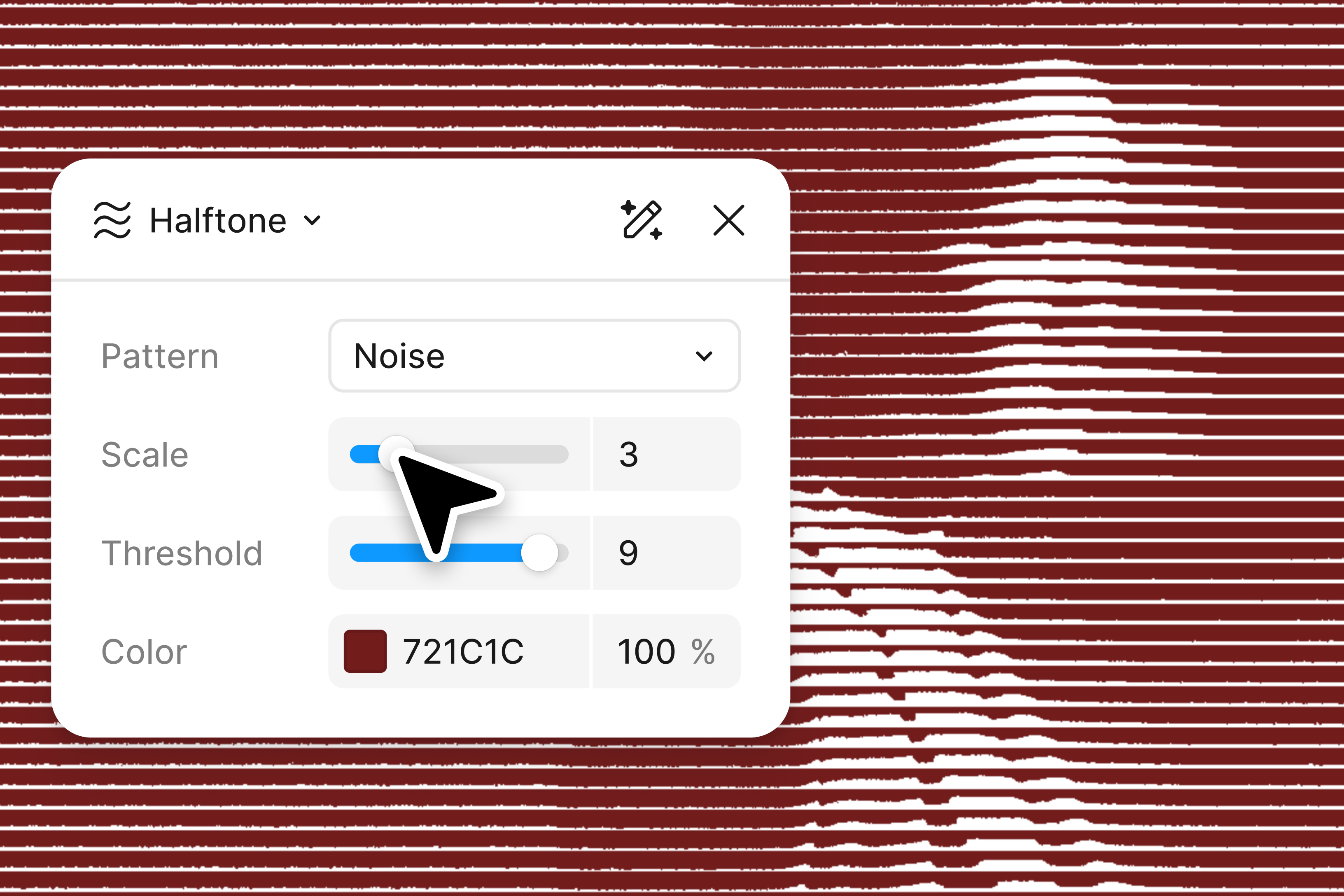 Figma plugin panel titled “Halftone” displayed over an abstract red-and-white striped artwork. The panel shows controls for pattern type, scale, threshold, and color, while a cursor adjusts a slider to modify a noise-based halftone effect in real time.