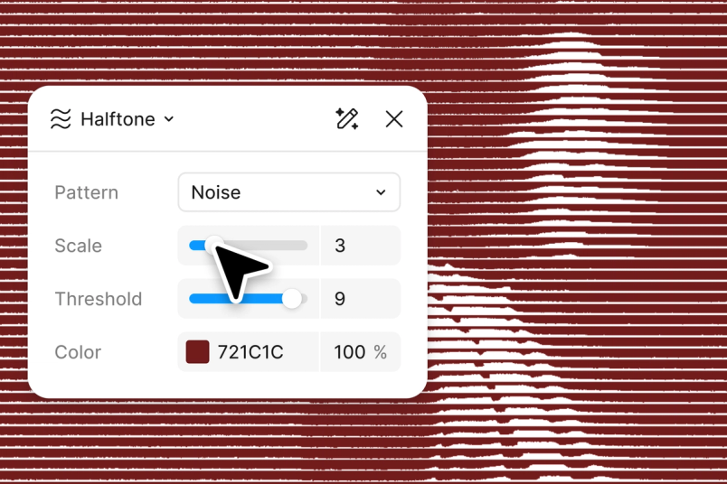 Figma plugin panel titled “Halftone” displayed over an abstract red-and-white striped artwork. The panel shows controls for pattern type, scale, threshold, and color, while a cursor adjusts a slider to modify a noise-based halftone effect in real time.