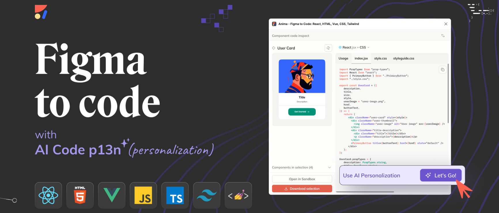 A title card for Anima's Figma-to-code solution next to an interface with lines of code.