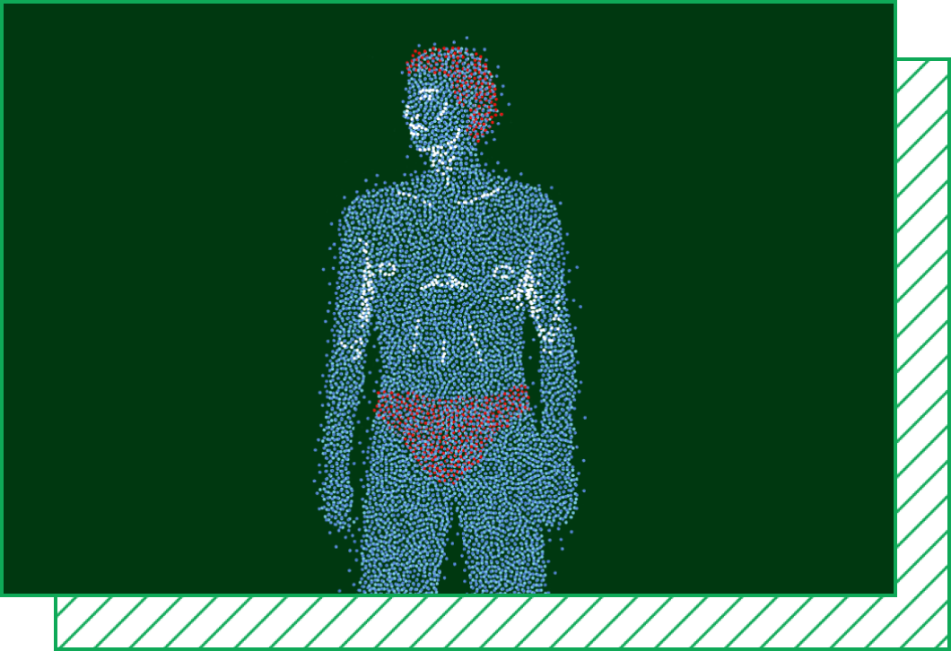 An illustration of a human form made up of pointillistic blue and purple dots.