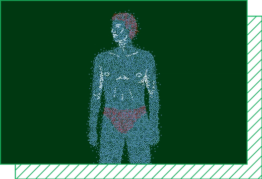 An illustration of a human form made up of pointillistic blue and purple dots.
