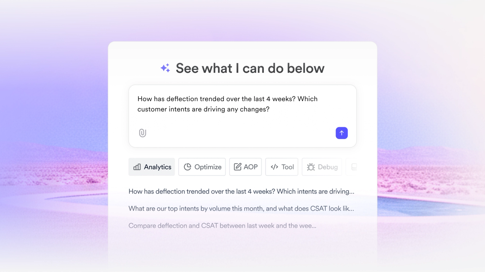 Hero image showing an AI analytics prompt interface with workflow tabs and suggested customer analytics questions.