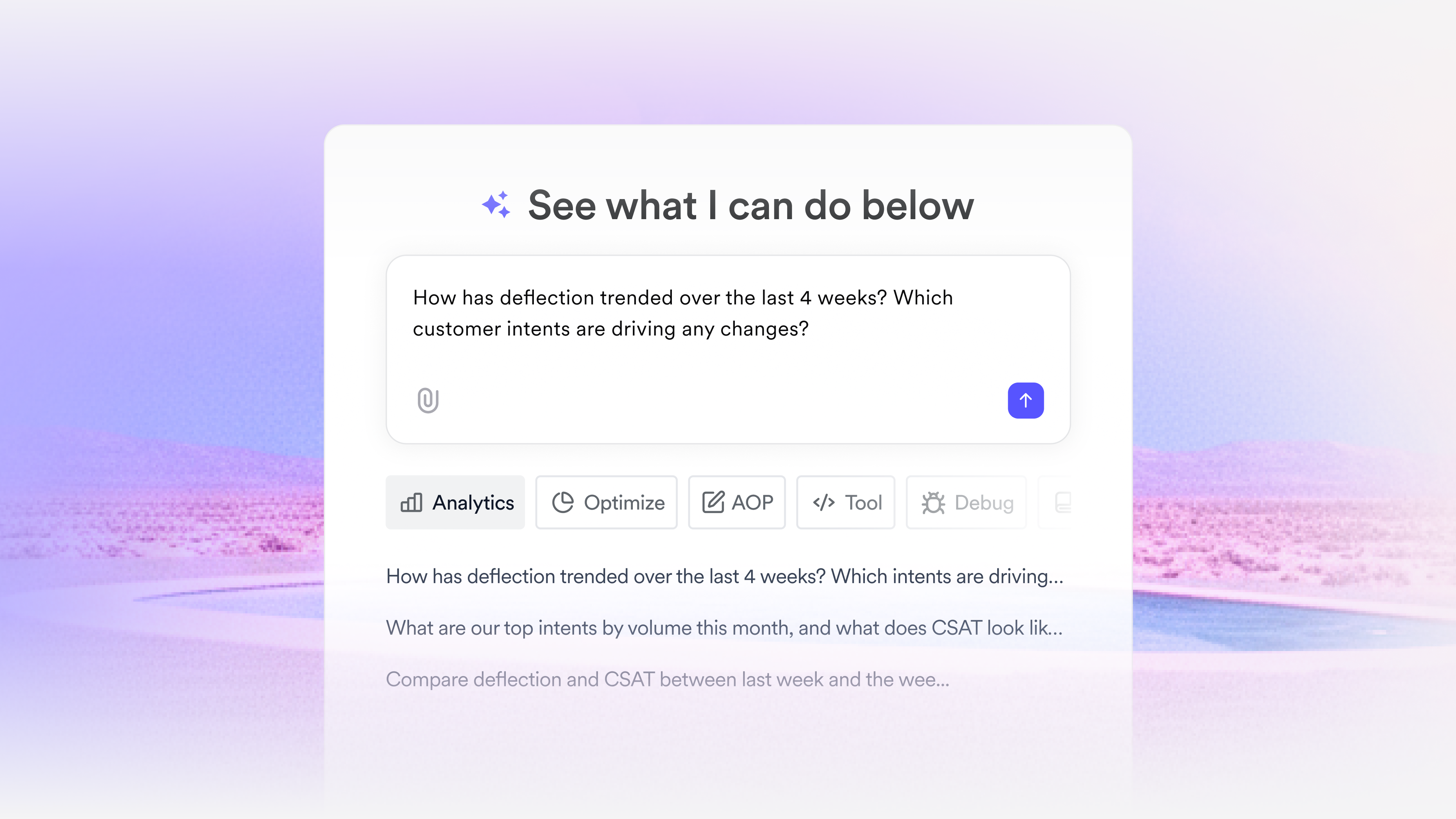 Hero image showing an AI analytics prompt interface with workflow tabs and suggested customer analytics questions.