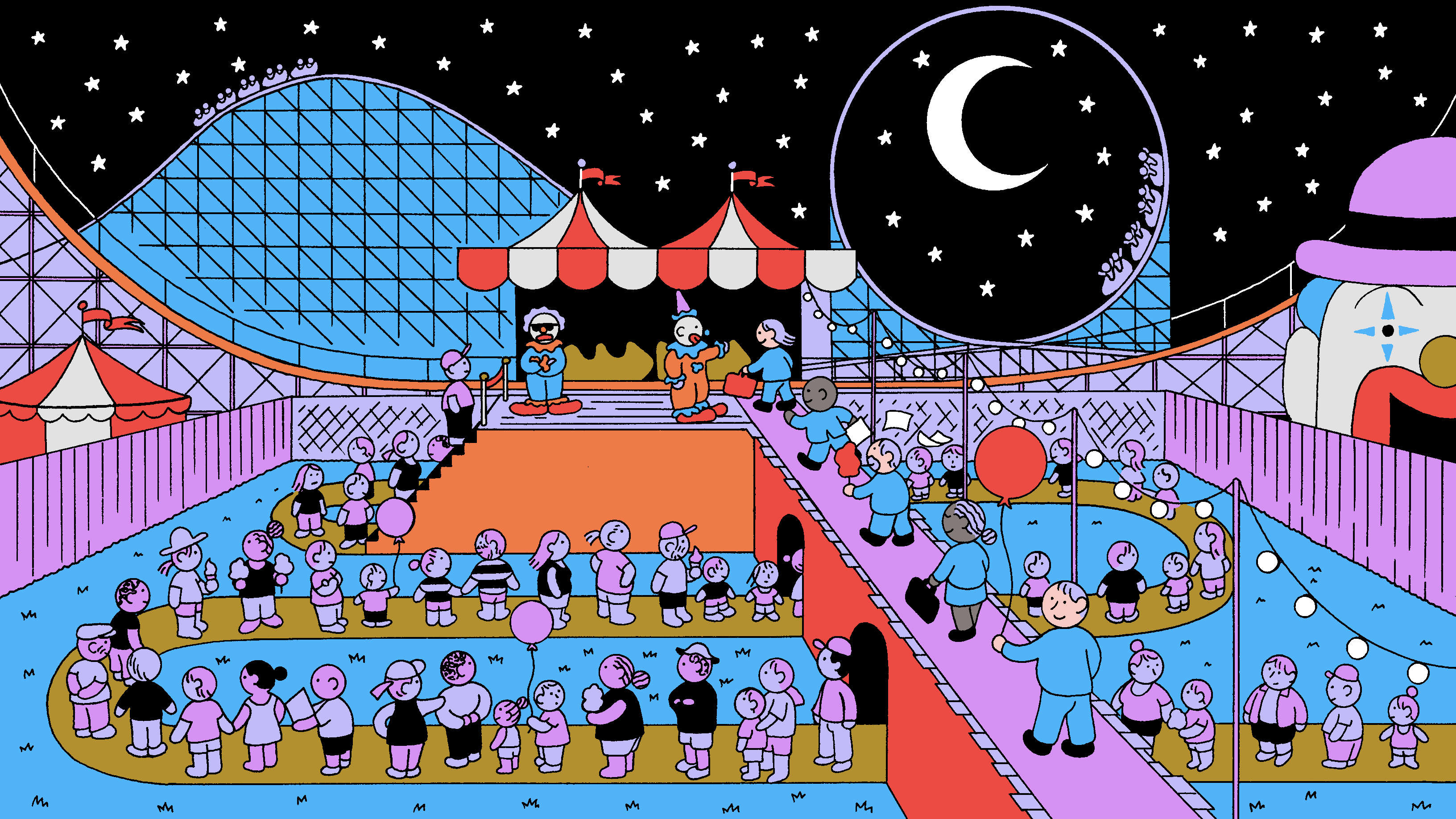 A colorful illustration of a nighttime amusement park with a roller coaster, circus stage, and crowds of people under a starry sky with a crescent moon.