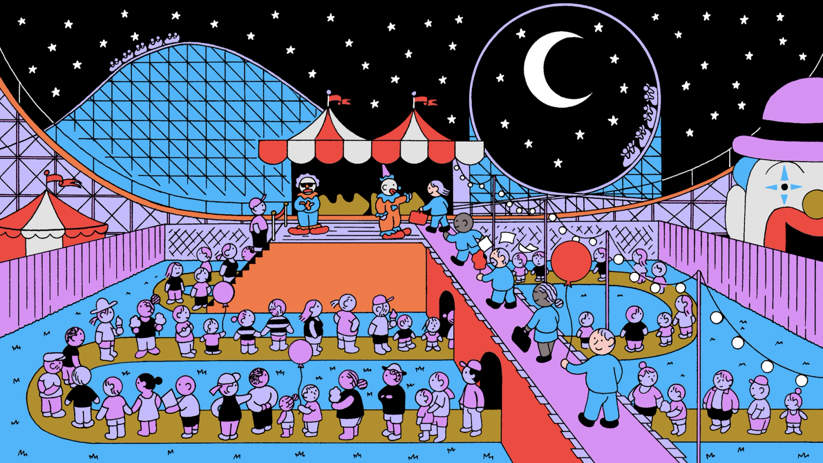 A colorful illustration of a nighttime amusement park with a roller coaster, circus stage, and crowds of people under a starry sky with a crescent moon.