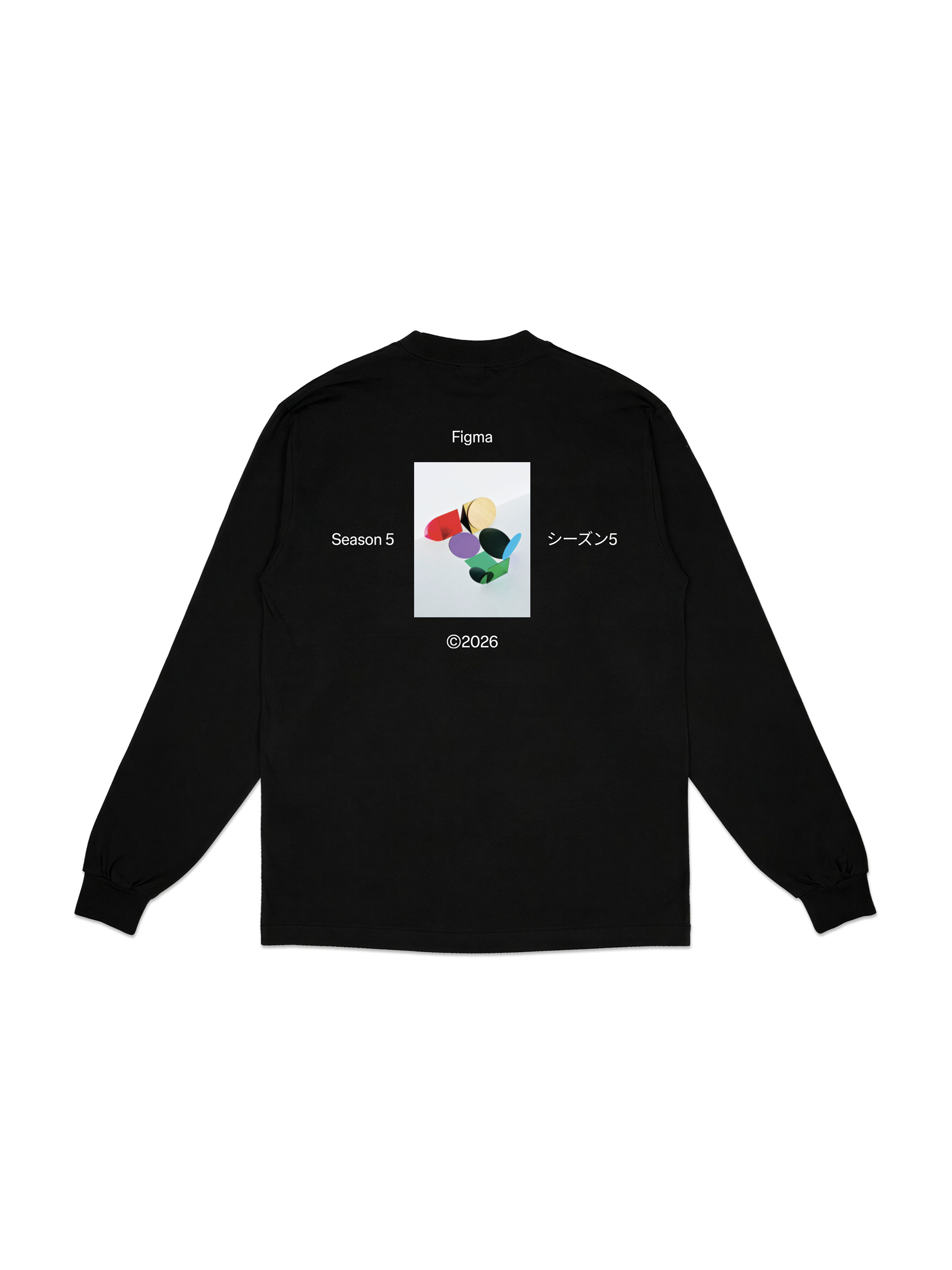 A photograph of colorful overlapping shapes printed on the back of a black long sleeve t-shirt, with "Figma," "Season 5," "シーズン5," and "©2026" in white text