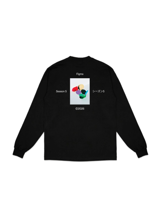 A photograph of colorful overlapping shapes printed on the back of a black long sleeve t-shirt, with "Figma," "Season 5," "シーズン5," and "©2026" in white text