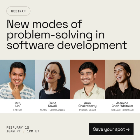 Promotional card for a webinar called "New modes of problem-solving in software development" with photos of speakers on a beige background