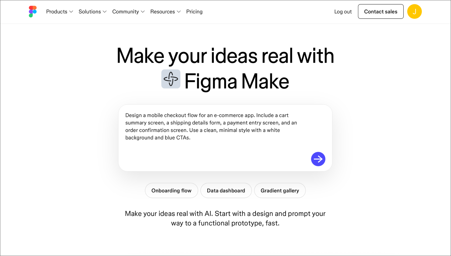 Figma Make prompt box showing a detailed checkout flow prompt entered by a product manager