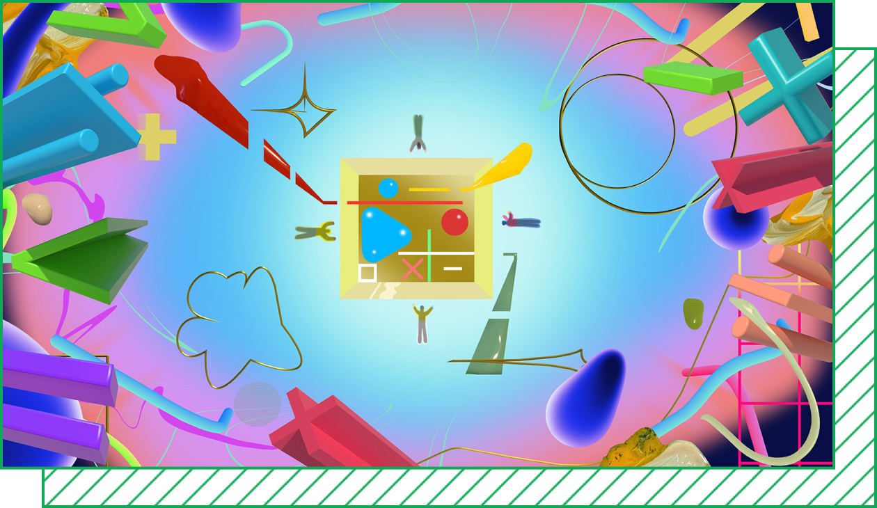 Colorful abstract artwork with geometric shapes, floating objects, and central golden square filled with icons, with human figures floating around it.
