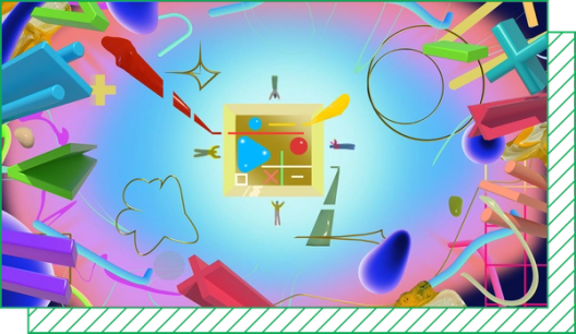 Colorful abstract artwork with geometric shapes, floating objects, and central golden square filled with icons, with human figures floating around it.
