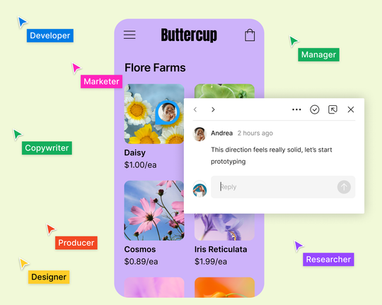 Team-Cursor bewegen sich um ein mobiles App-Design. Ein Kommentar „This direction feels really solid, let’s start prototyping“ (Die Richtung stimmt, lass uns mit den Prototypen beginnen) ist zu sehen.