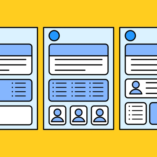 three blue and white documents with text boxes and bulleted lists