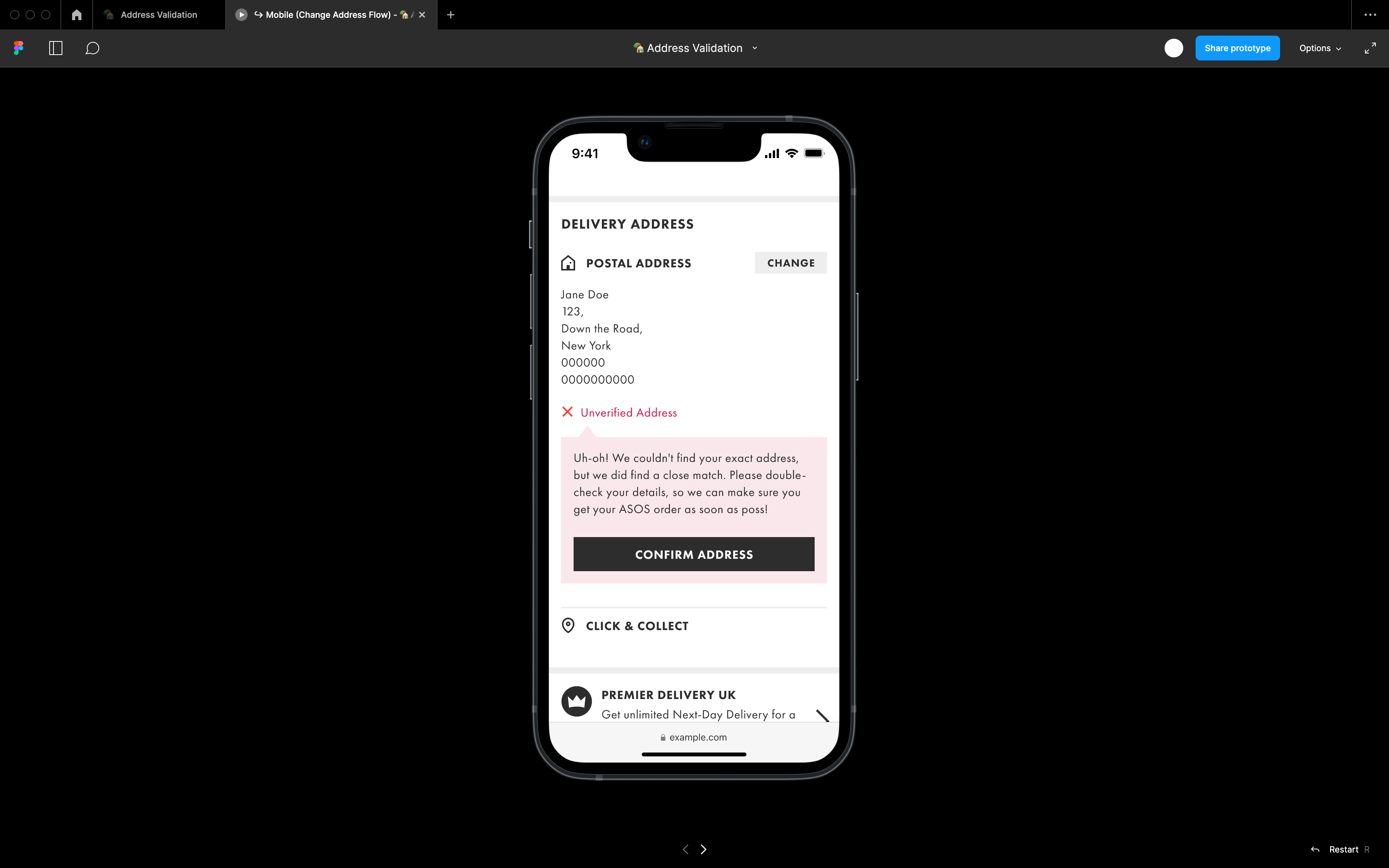 Mobile device displaying prototype of error message