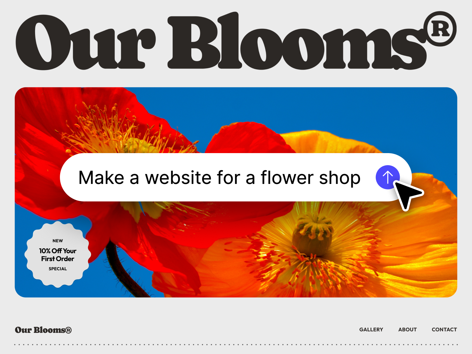 Figma Make workflow showing a text prompt 'Make a website for a flower shop' transforming into a published website design for 'Our Blooms,' featuring a bold header, vibrant flower imagery, and a promotional badge offering 10% off