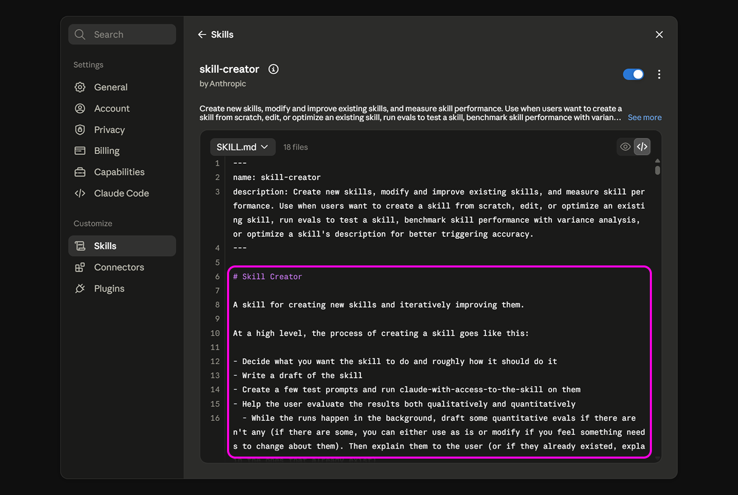 Claude Code skill file showing the instruction block with rules and guidelines for how Claude should behave.