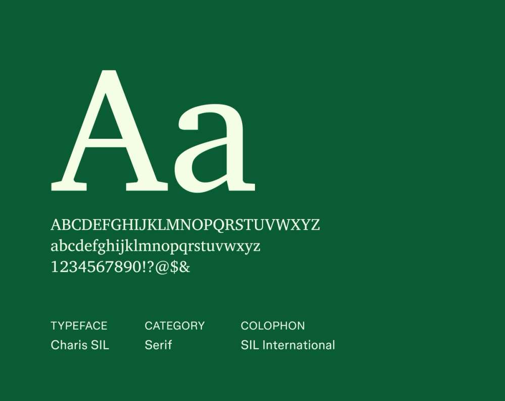 Charis SIL sample displaying clean, functional serifs with generous spacing for complex script support.