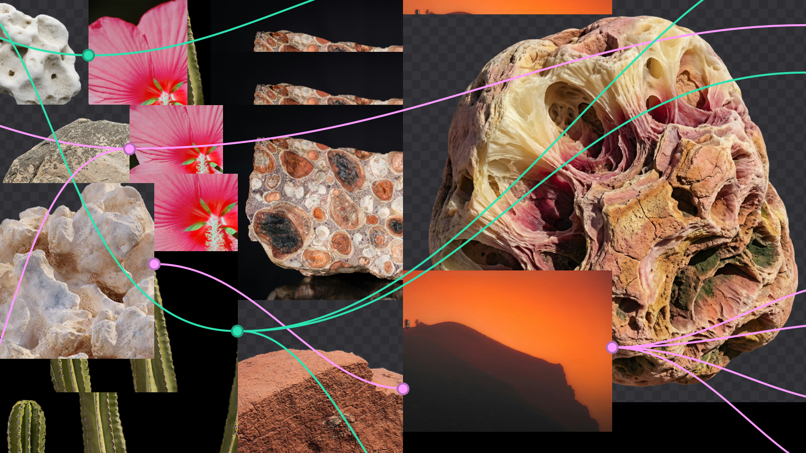 A collage of natural reference images—including a hibiscus flower, rock faces, cacti, and an orange desert landscape—connected by pink and teal lines with node points, representing a Figma Weave canvas linking visual assets together.