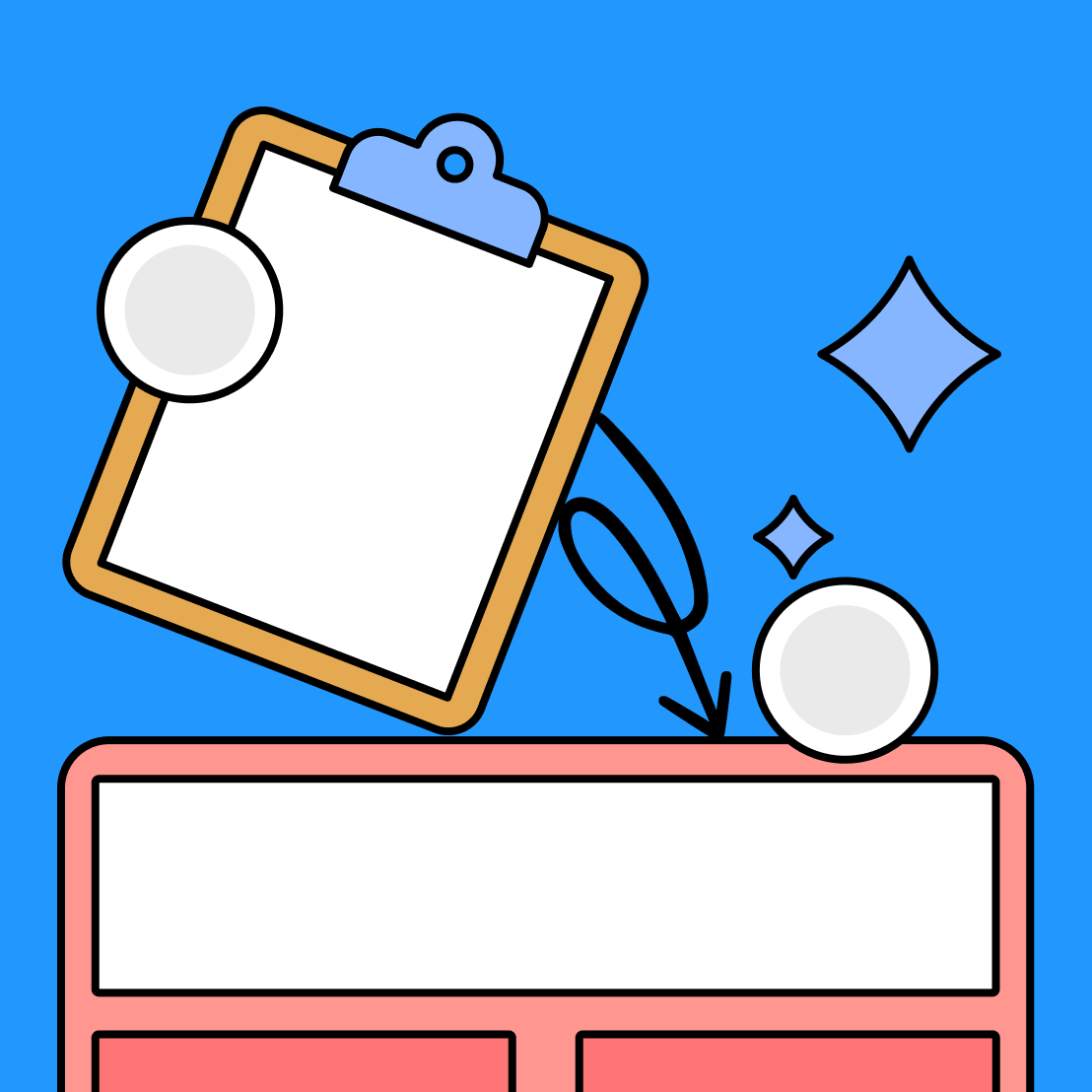 Clipboard with arrow pointing down to whiteboarding area