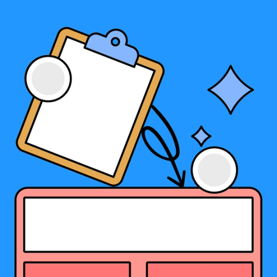 Clipboard with arrow pointing down to whiteboarding area